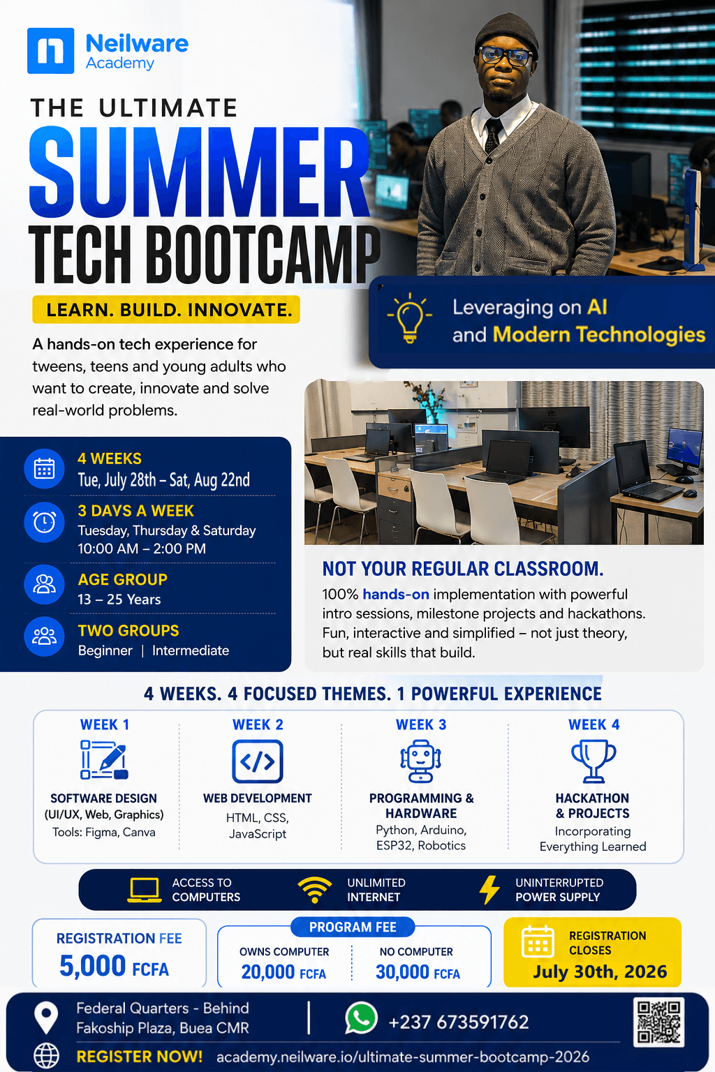 The Ultimate Summer Tech Bootcamp 2026 flyer — schedule, curriculum and fees